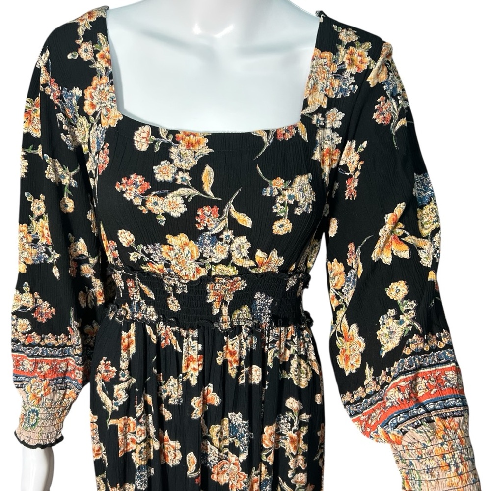 ANGIE Women’s Black Midi Dress Sz L Flowy Boho Floral High Low Smocked Slit - Picture 2 of 16